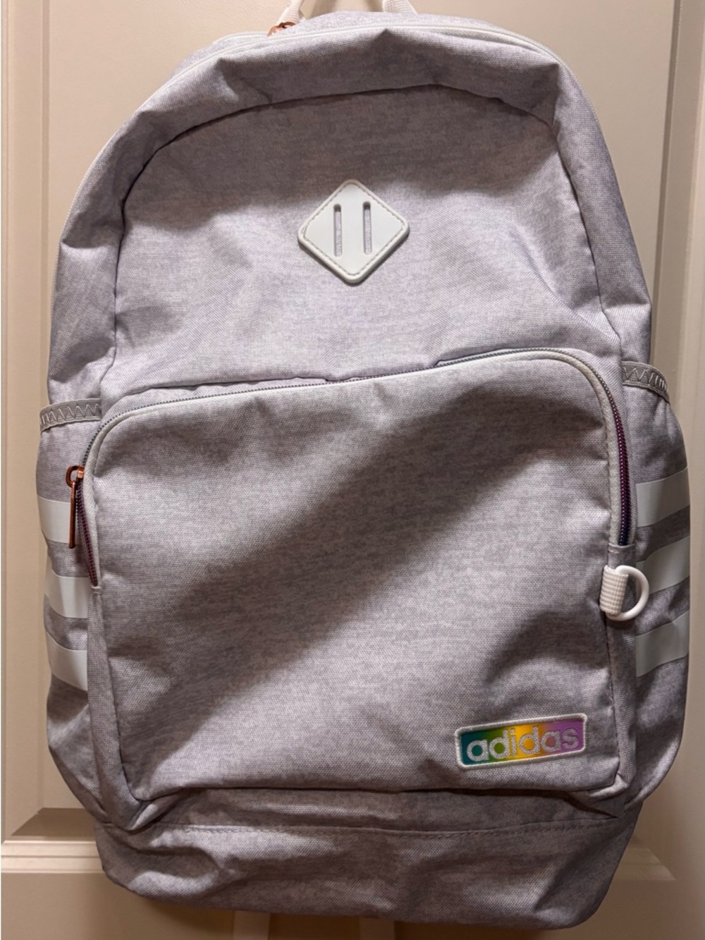 adidas Light Grey Backpack with Rainbow Logo Patch